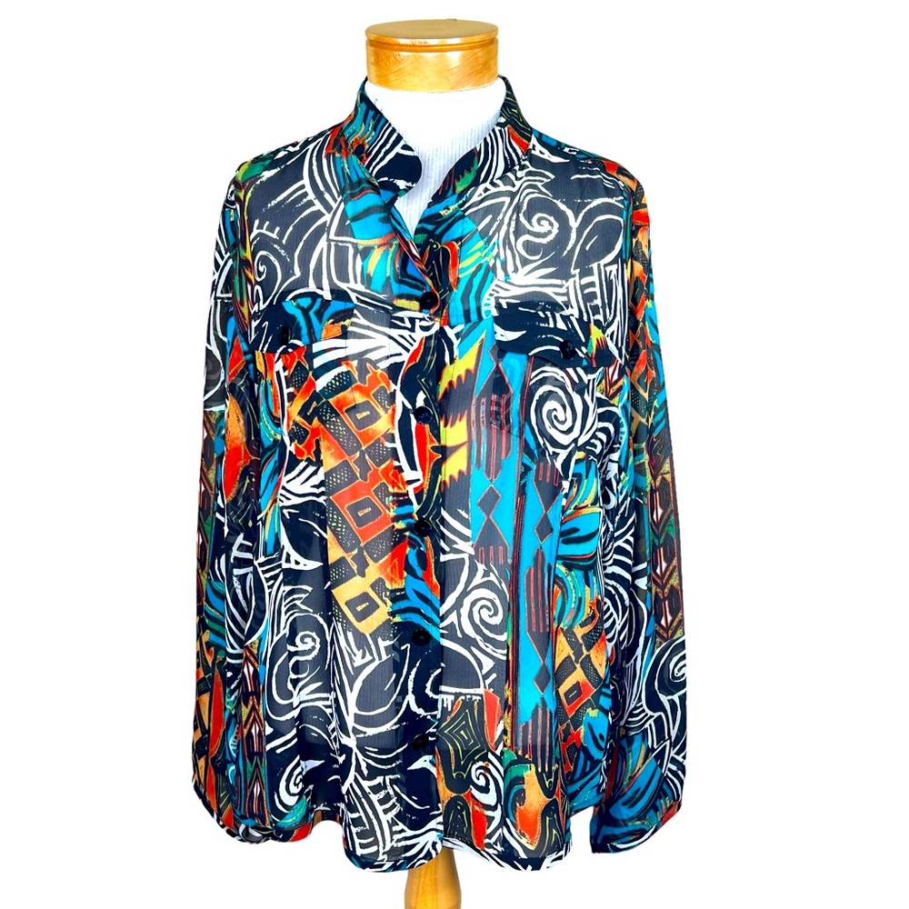 Chico’s Women’s Tailored Silk Sheer Vibrant Blouse Art To Wear Chico’s 2 = L/12 - Picture 1 of 12